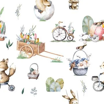 Seamless pattern, Easter animals, chicks and bunnies. Cute watercolor farm an Stock Illustration