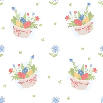 Seamless pattern with Easter basket and eggs on white background with blue .. 스톡 일러스트