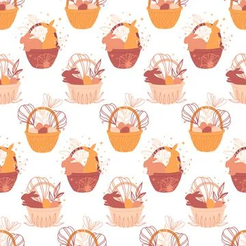 Seamless pattern with Easter baskets, bunnies, eggs and flowers in boho style on Stock Illustration