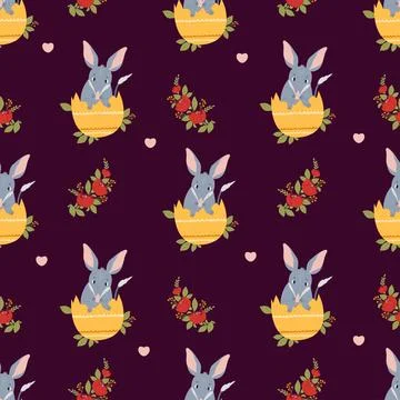Seamless pattern Easter bilby. Cute Australian animal in egg with flowers on イラスト素材