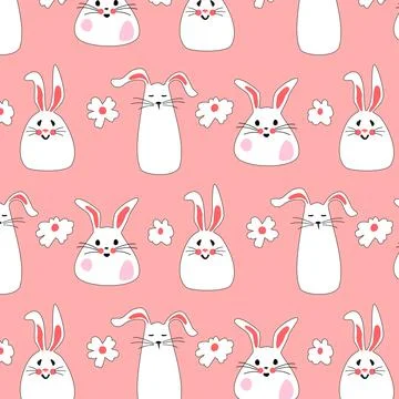 Seamless pattern with Easter bunnies and flowers on a pink background for kids Illustrazione stock