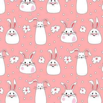 Seamless pattern with Easter bunnies and flowers on a pink background for kids Illustrazione stock