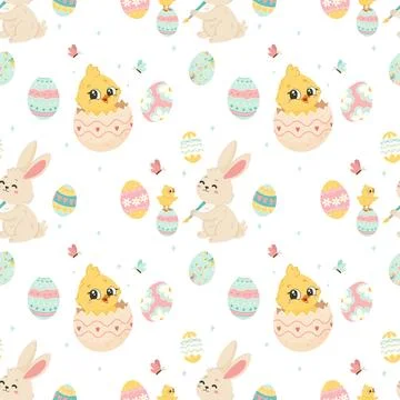 Seamless Pattern with Easter Bunnies and Eggs Stock Illustration