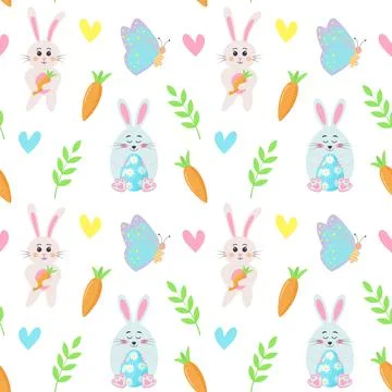 Seamless pattern with Easter bunnies, butterflies, carrots, twigs and hearts. Stock Illustration