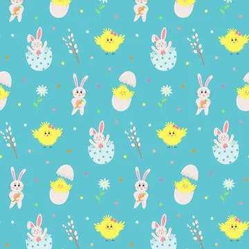 Seamless pattern with Easter bunnies, chickens, cracked eggs, willow and flow Stock Illustration