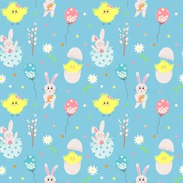 Seamless pattern with Easter bunnies, chicks, eggs Stock Illustration