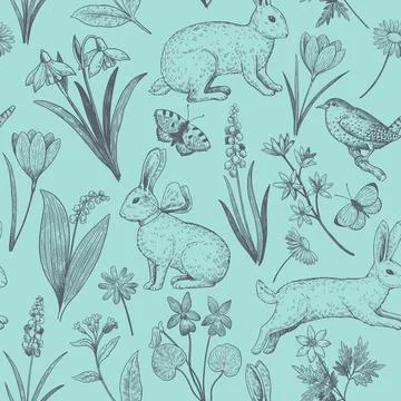 Seamless pattern with easter bunny and spring flowers. Elegant vintage prin.. Stock Illustration