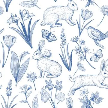 Seamless pattern with easter bunny and spring flowers. Elegant vintage prin.. Stock Illustration