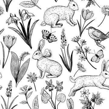 Seamless pattern with easter bunny and spring flowers. Elegant vintage prin.. Stock Illustration
