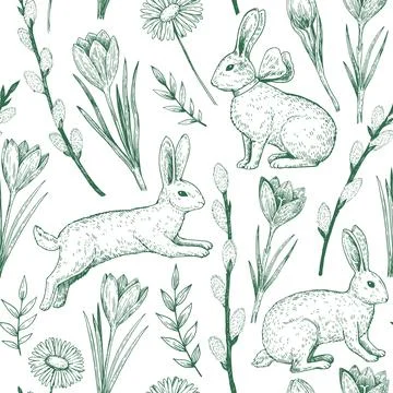 Seamless pattern with easter bunny and spring flowers. Elegant vintage prin.. Stock Illustration