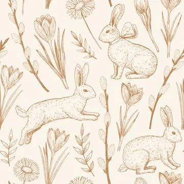 Seamless pattern with easter bunny and spring flowers. Elegant vintage prin.. Stock Illustration