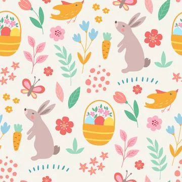 Seamless pattern with Easter bunny, basket and eggs. Stock Illustration