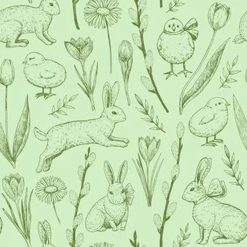 Seamless pattern with easter bunny, chicken and spring flowers. Elegant vin.. Stock Illustration