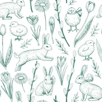 Seamless pattern with easter bunny, chicken and spring flowers. Elegant vin.. Stock Illustration