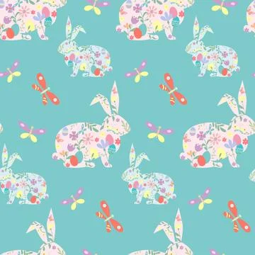 Seamless pattern of Easter bunny, decoupage style, hand drawn flat design Stock Illustration
