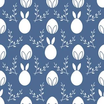 Seamless pattern. Easter Bunny ears, eggs, willow. 스톡 일러스트