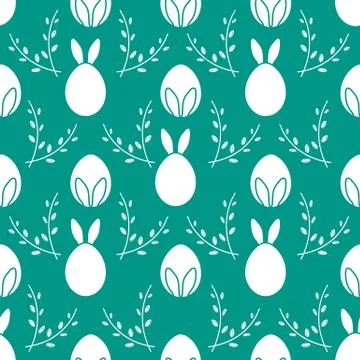Seamless pattern. Easter Bunny ears, eggs, willow. Stock Illustration