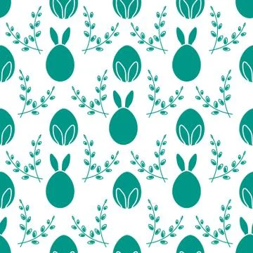 Seamless pattern. Easter Bunny ears, eggs, willow. 스톡 일러스트