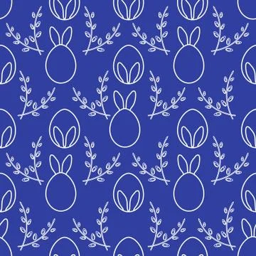 Seamless pattern. Easter Bunny ears, eggs, willow. 스톡 일러스트