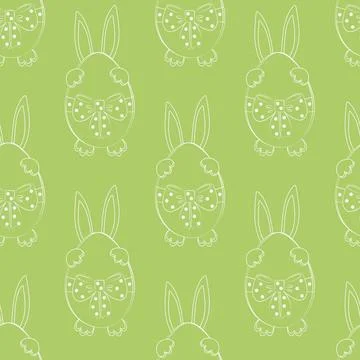 Seamless Pattern of Easter bunny hiding behind Easter Egg with tied ribbon bow Stock Illustration