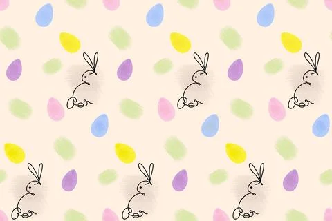 Seamless pattern of Easter bunny in one continuous line and Easter eggs with 스톡 일러스트