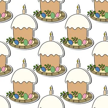 Seamless pattern with Easter cake on white background. Hand drawn Happy Easter Stock Illustration