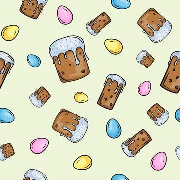 Seamless pattern with Easter cakes and eggs. Stock Illustration