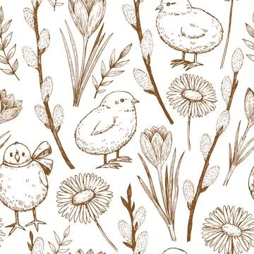 Seamless pattern with easter chicken and spring flowers. Elegant vintage pr.. Stock Illustration