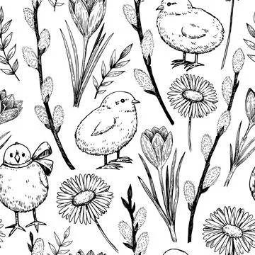 Seamless pattern with easter chicken and spring flowers. Elegant vintage pr.. Stock Illustration