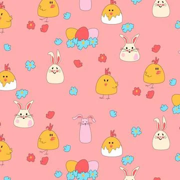 Seamless pattern with Easter chickens, hares, eggs in a nest. Flowers on a pink Illustrazione stock