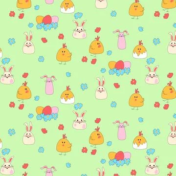 Seamless pattern with Easter chickens, hares, eggs in nest. Daisies on a green Stock Illustration