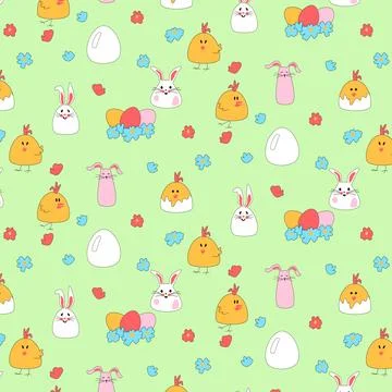 Seamless pattern with Easter chickens, hares, eggs in nest. Daisies on a green Stock Illustration