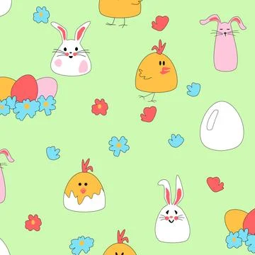 Seamless pattern with Easter chickens, hares, eggs in a nest. Daisies on a green Stock Illustration