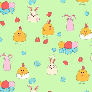Seamless pattern with Easter chickens, hares, eggs in a nest. Daisies on a green Illustrazione stock