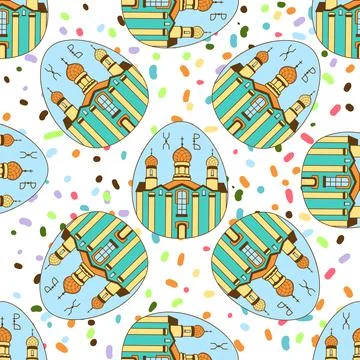 Seamless pattern with Easter colored eggs. The temple, the Church. happy Easter イラスト素材