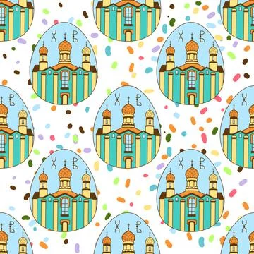 Seamless pattern with Easter colored eggs. The temple, the Church. happy Easter Stock Illustration
