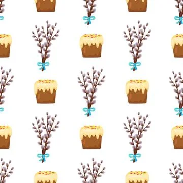 Seamless Pattern in Easter Concept Willow and Cake Stock Illustration