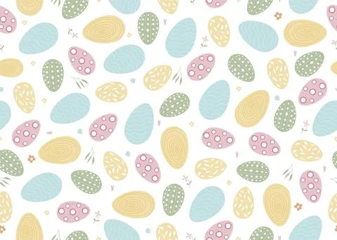 Seamless pattern for easter. Easter eggs, branches, flowers in pastel gentle  Stock Illustration