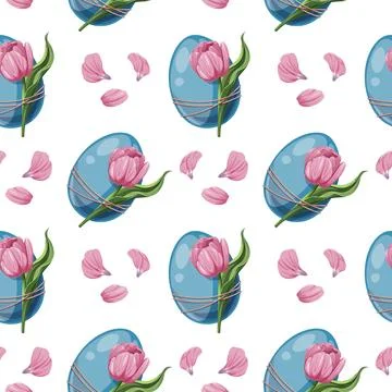 Seamless Pattern with Easter Egg and Pink Tulip. Easter Background for Fabric Stock Illustration