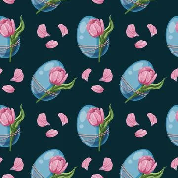 Seamless Pattern with Easter Egg and Pink Tulip. Easter Background for Fabric 스톡 일러스트