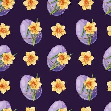 Seamless Pattern with Easter Egg and Yellow Daffodil. Easter Background for.. Stock Illustration