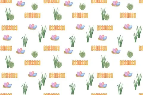 Seamless pattern of Easter egg hunt, eggs and plants, symbol of spring Stock Illustration