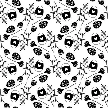 Seamless pattern easter eggs and flowers black and white, silhouette. Vecto.. 스톡 일러스트