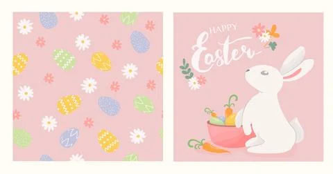 Seamless pattern with easter eggs and flowers on pink background. Easter bu.. 스톡 일러스트