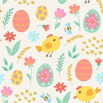 Seamless pattern with Easter eggs and chicken. Stockillustratie