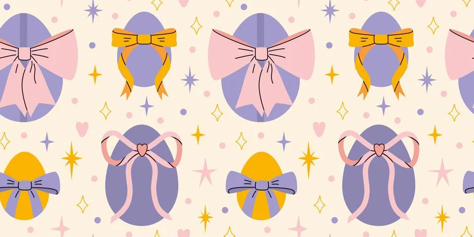 Seamless pattern with Easter eggs, bows and stars. Traditional holiday decor. Stock Illustration