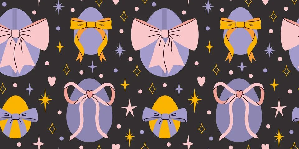 Seamless pattern with Easter eggs, bows and stars. Traditional holiday deco.. Stock Illustration