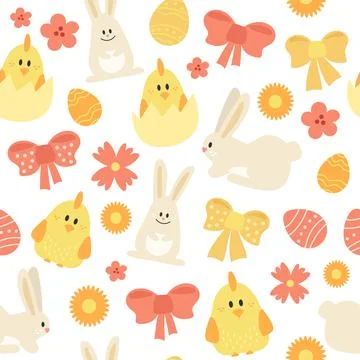 Seamless pattern with Easter eggs, chickens and bunnies. Easter design Stock Illustration
