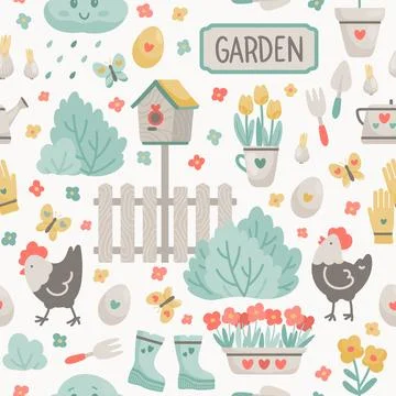 Seamless pattern Easter eggs, chickens, flowers Stock Illustration