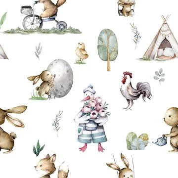 Seamless pattern, Easter eggs, chicks and bunnies. Cute watercolor farm anima Stock Illustration